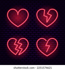 Set of red neon broken hearts isolated on dark background. Line hearts with glowing backlight effect. Luminous vector illustration for Valentine's day.