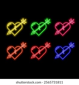 Set of red neon broken hearts isolated on dark background. Line hearts with glowing backlight effect. Luminous vector illustration for Valentines day.