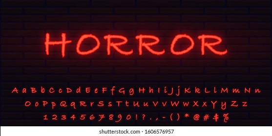 Set of red neon font horror style. Editable letters, numerals, signs, icons with transparent glow for web design and advertising