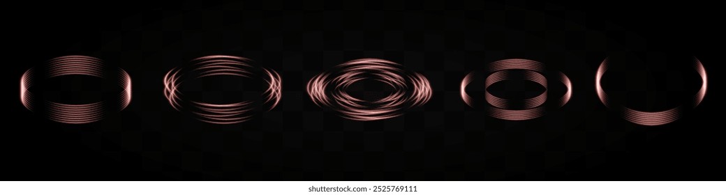 Set of red neon light rings forming various patterns on a transparent background. Ideal for tech, sci-fi, or digital design elements.