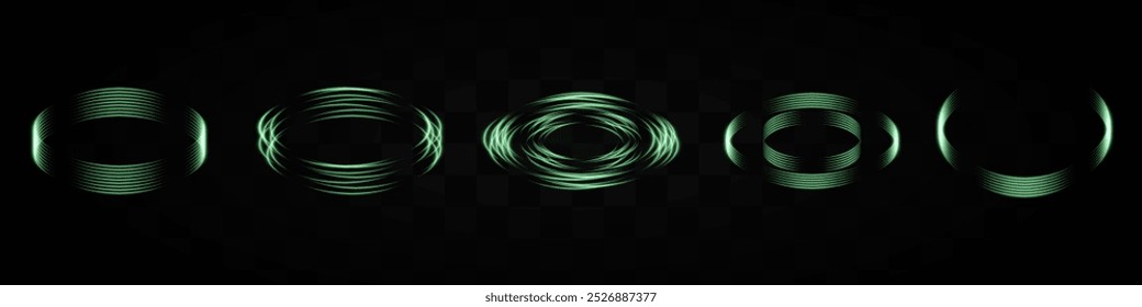 Conjunto de anillos de luz de neón rojo que forman varios patrones sobre un fondo transparente. Ideal para Elementos de diseño tecnológicos, de ciencia ficción o digitales.