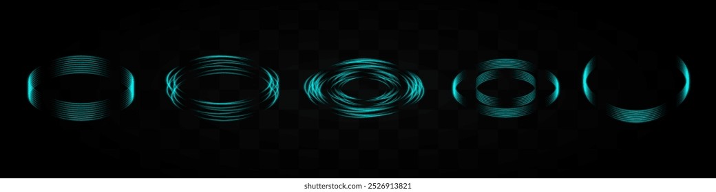 Conjunto de anéis de luz de néon vermelho formando vários padrões em um fundo transparente. Ideal para tecnologia, ficção científica ou elementos de design digital.