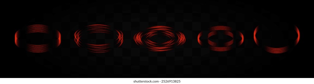 Set of red neon light rings forming various patterns on a transparent background. Ideal for tech, sci-fi, or digital design elements.