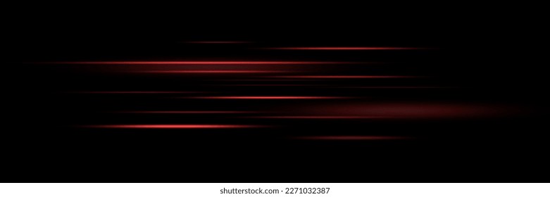 Conjunto de líneas de neón rojo, vigas láser, vigas de luz brillantes con destellos y polvo sobre un fondo negro. Ilustración del vector