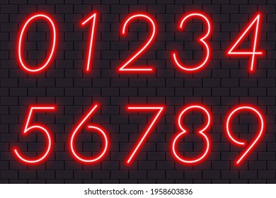 Set of red neon numbers from "0" to "9".