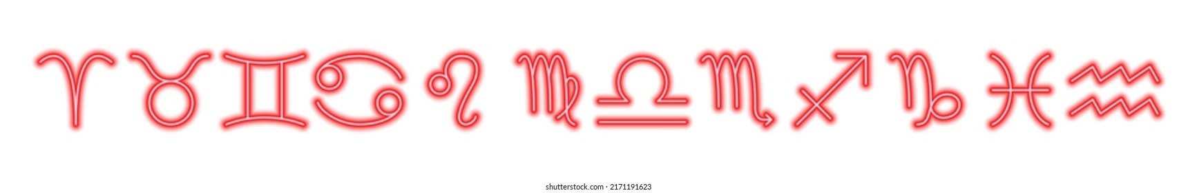 Set of red neon zodiac signs isolated on white. Predictions, astrology, horoscope. Vector illustration