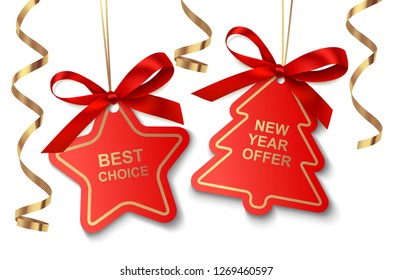 	
Set of red New Year or Christmas Sale tags with golden ribbon and bow isolated on white background. Vector illustration. Holiday decoration