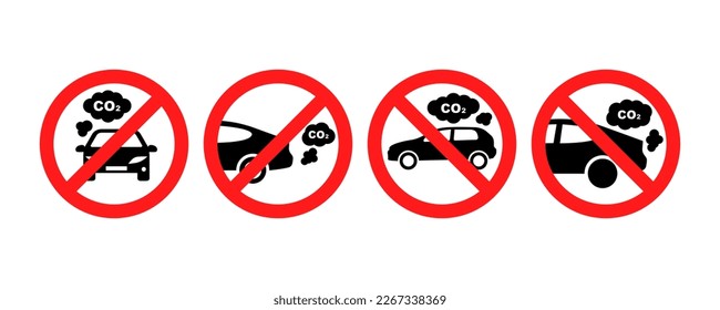 Conjunto de señales rojas no co2. Detener el escape del coche. Prohibir la contaminación atmosférica. Etiquetas prohibidas o prohibidas.