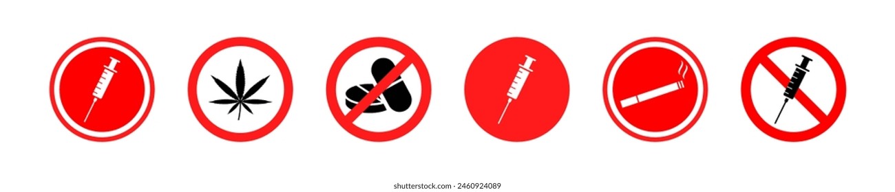 Conjunto de iconos de vector rojo sin drogas. Deja de narcótico. Prohibir la marihuana, el tabaco, la píldora.