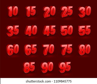 Set of Red number 3D style. Vector illustration.
