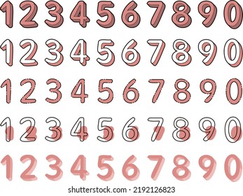 Set of red numbers from 0 to 9 drawn in different styles