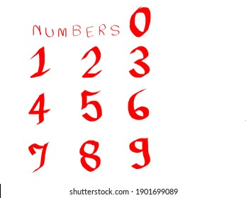 Set of red numbers 0-9 written with the draw calligraphically or brush strokes on a white background. Mathematics numbers and back to school concept. – vector