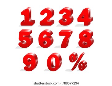 Set of red numbers 1, 2, 3, 4, 5, 6, 7, 8, 9, 0 and percent sign. 3d illustration. Suitable for use on advertising banners posters flyers promotional items, Seasonal discounts Black Friday etc.