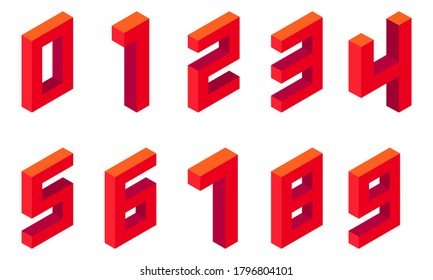 Set of red numbers in isometric style. Isolated on white background