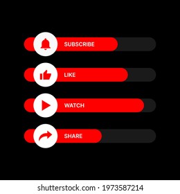 Set Of Red Objects For Youtube Blog. Subscribe, Like, Watch, Share Buttons. Vector Illustration