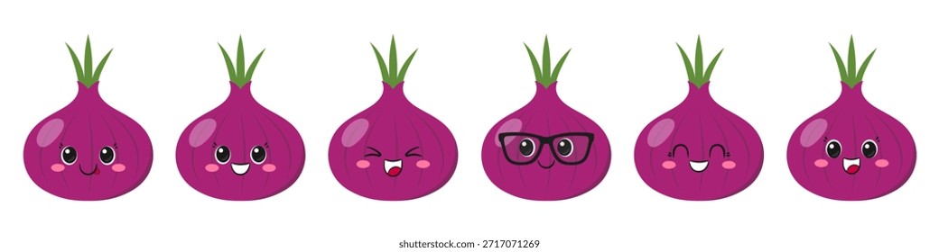 Conjunto de cebolla roja, personaje de dibujos animados lindo y divertido, emociones alegría deleite, ojos grandes, cara sonriente feliz, estilo kawaii, Ilustración vectorial de iconos.
