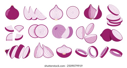 Conjunto de cebolla roja, emblema fresco del producto de la cebolla roja de la granja para la tienda de comestibles, diapositivas, secciones largas y transversales, y diferentes posiciones, Ilustración vectorial plana simple de verduras y frutas.