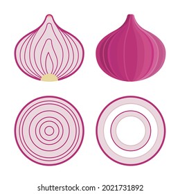 Set of red onion: whole, half, sliced onion  with flat round cartoon style isolated on white background