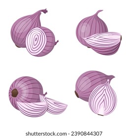 A set of red onions. The onion is cut in half and slices. Isolated vector illustration.