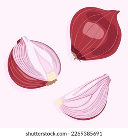 Un conjunto de cebollas rojas, enteras y cortadas. Los iconos de la comida están configurados. Verduras para una dieta saludable. Producto natural.