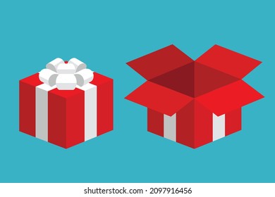 Set of red open closed gift box present with red ribbon bow flat design isometric illustration, interface vector for app logo web button ui ux interface elements isolated on green background