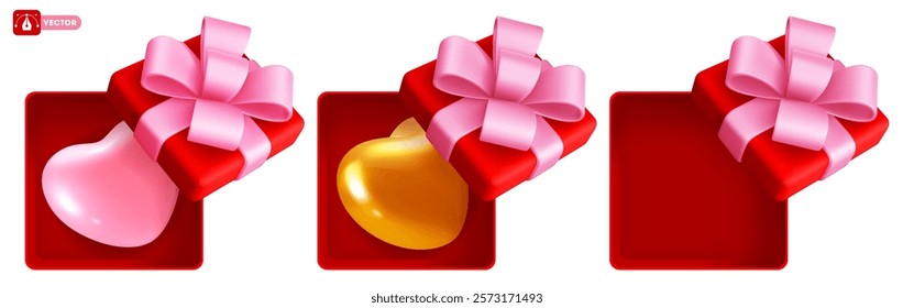 Set of red open gift boxes for Valentine's Day designs, top view. Open gifts with gorgeous pink bow and gold and pink heart inside. And also empty gift box. 3D isolated vector illustration