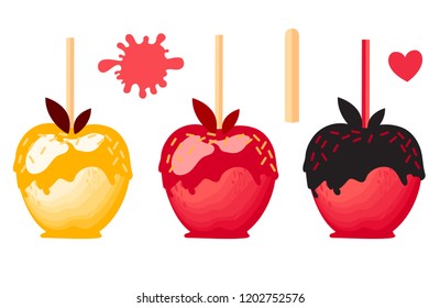 Set Red and orange Apple with caramel, chocolate Sweet candy on sticks. Autumn dessert. Vector illustration on white background.