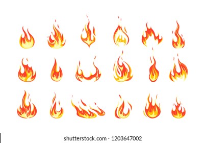 Set of red and orange fire flame. Collection of hot flaming element. Idea of energy and power. Isolated vector illustration