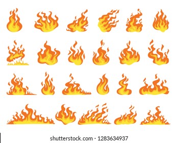 Set of red and orange fire flame. Collection of hot flaming element. Idea of energy and power. Isolated vector illustration