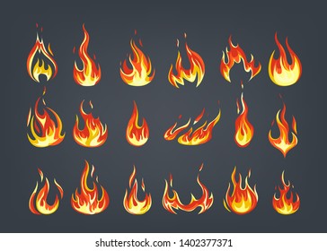 Set of red and orange fire flame. Collection of hot flaming element. Idea of energy and power. Isolated vector illustration