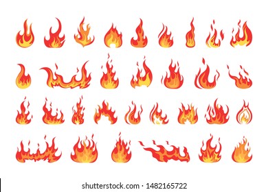 Набор красного и оранжевого огненного пламени. Коллекция горячих пламенных элементов. Идея энергии и власти. Изолированная векторная иллюстрация в плоском стиле