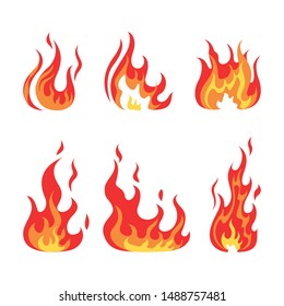 Set of red and orange fire flame. Collection of hot flaming element. Idea of energy and power. Isolated vector illustration in flat style