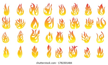 Set of red and orange fire flame. Collection of hot flaming element. Idea of energy and power. Vector illustration.