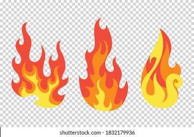 Set of red and orange fire flame. Flames of different shapes. Fireball set, flaming symbols. Idea of energy and power. Collection of hot flaming element. Vector icons in cartoon style