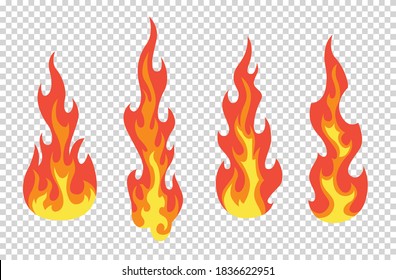 Set of red and orange fire flame. Flames of different shapes. Fireball set, flaming symbols. Idea of energy and power. Collection of hot flaming element. Vector icons in cartoon style