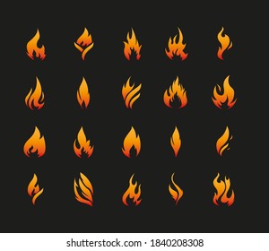 Juego de llamas de fuego rojo y naranja. Colección de elementos inflamantes. Ilustración vectorial aislada en el fondo oscuro.