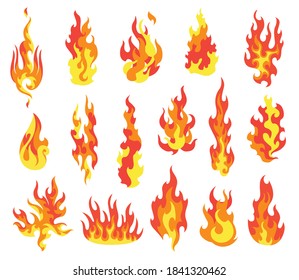 Set of red and orange fire flame. Flames of different shapes. Fireball set, flaming symbols. Idea of energy and power. Collection of hot flaming element. Vector icons in cartoon style