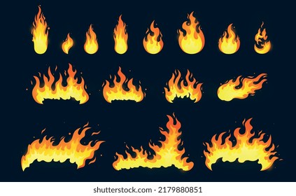 Set of red and orange fire flame. Stickers or icons with hot flames of different shapes. Design elements for animation or mobile games. Cartoon flat vector collection isolated on dark background