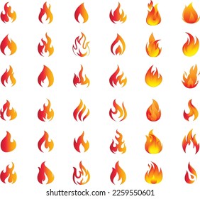 Set of red and orange fire flame. Collection of hot flaming element. Fire icons. fire flame silhouette set isolated on white background. flame set design illustration