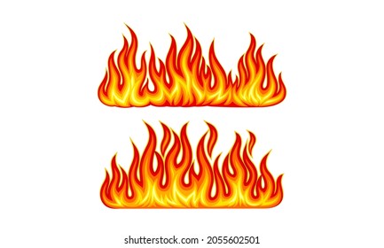 Set of red and orange fire flames set. Bright burning bonfire vector illustration