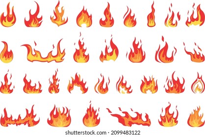 Set of red and orange flame flames. Collection of hot flaming elements. The idea of ​​energy and power. Isolated vector illustration in flat style