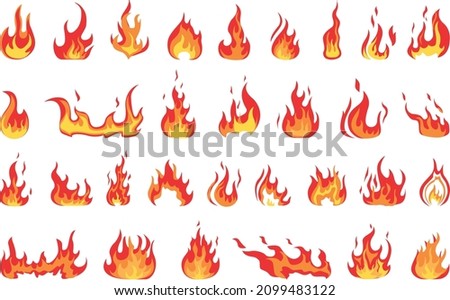 Set of red and orange flame flames. Collection of hot flaming elements. The idea of ​​energy and power. Isolated vector illustration in flat style