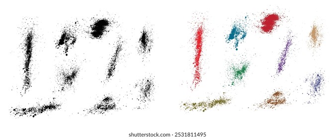 Conjunto de rojo, naranja, verde, púrpura y negro color Vector brocha de sangre de fondo salpicado