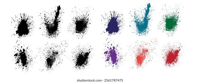 Set of red, orange, green, purple, and black color vector brush stroke blood splatter background. Abstract set of grunge texture blood vector splatter background