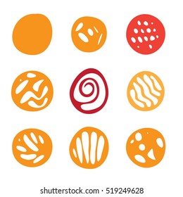 Set Of Red and Orange Hand Drawn Circle Elements In Flat Style.