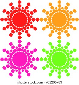 Set of red, orange, pink, green snowflakes on a white background.