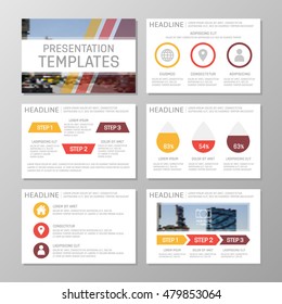 Set of red and orange template for multipurpose presentation slides with graphs and charts. Leaflet,  book cover design.