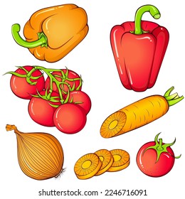 Set of red and orange vegetables. Bell peppers, tomatoes, onion, carrot. Vector hand drawn cartoon illustration isolated on white. Collection of vegetables stickers, icons