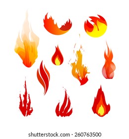 Set of red, orange and yellow fire symbols. Vector logo elements. Flame icons.