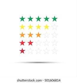 Set of red, orange, yellow and green rating stars isolated on white background, vector illustration